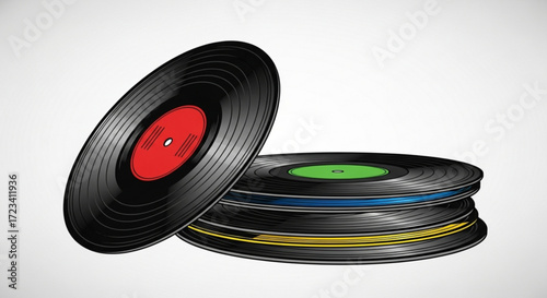 Illustration of a stack of vinyl records with different colored labels on a white background surface