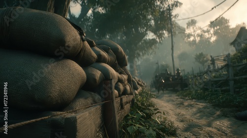 Historic War Landscape with Sandbags and Dirt Road at Dusk