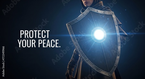 Knight with glowing shield and message protect your peace in dark background