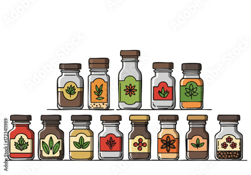 stylized spice jar array showcases vibrant colors and textures This clean modern illustration is perfect for culinary food or lifestyle branding A visually appealing and commercially viable design