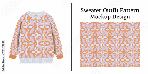 A sweater outfit pattern mockup design featuring a repeating motif inspired by vintage keyhole shapes in a soft pastel and peach color palette.