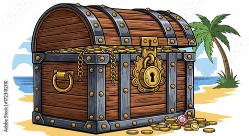 A treasure chest overflowing with gold coins and a pink gem on a beach with a palm tree in the background