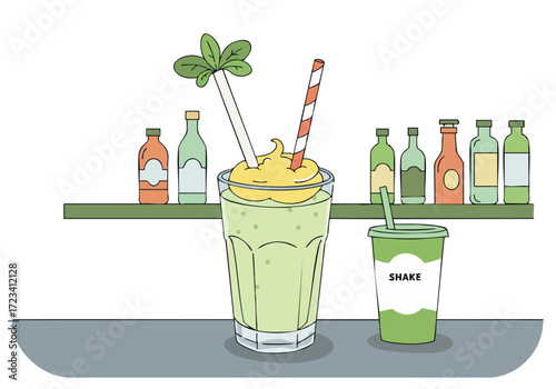 vibrant illustration showcases a 'Shake the Toasty' drink with a straw and bottles promoting a refreshing shift Modern playful design with a pastel color palette