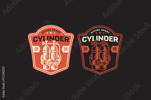 Diving cylinder retro badge logo design set for diver sport club. Oxygen tank vintage emblem logo graphic collection. Scuba cylinder, Breathing tank, Underwater sport, Air tube. Vector illustration