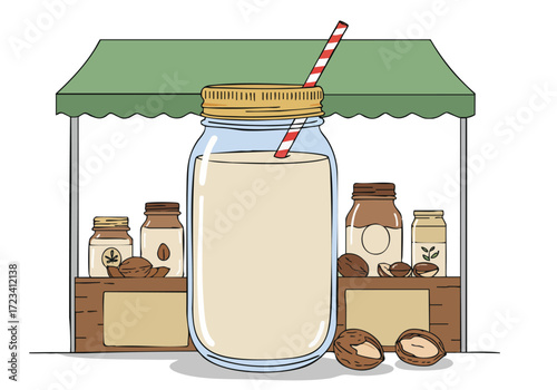 A vibrant market stall displays nut-based milks ? ?Nilk the Mighty? and ?Nut Time Mighty? ? in glass jars. A straw adds a refreshing touch. Clean, modern design.