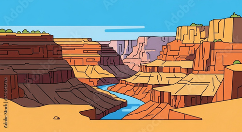 Illustration depicting a grand canyon landscape with a river flowing through colorful rock formations and blue sky