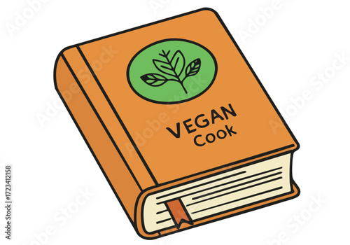 vibrant orange cookbook illustration with a green background Simple clean design featuring a leaf emblem Ideal for vegan recipes and food-related content Perfect for commercial use