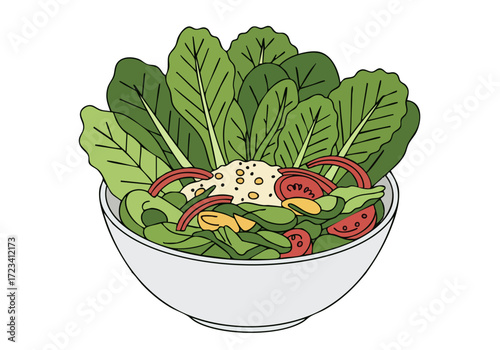 A vibrant salad bowl with lettuce, tomatoes, and creamy dressing. ?Toss the Triumph? text adds a playful touch. Clean, modern illustration style.