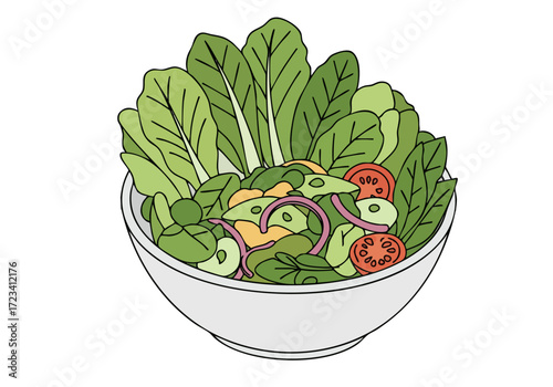 vibrant salad bowl illustration Fresh greens tomatoes and red onion create a healthy and appealing composition Modern clean style Perfect for food wellness or lifestyle visuals