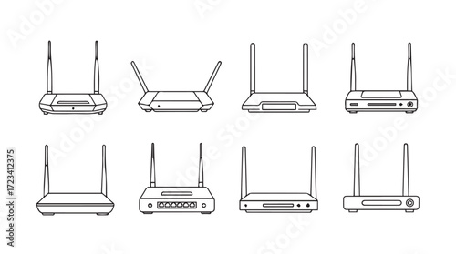 Multiple hand drawn sketches of wireless routers from different angles for technology concepts silhouette