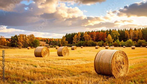 Golden fields in autumn with hay bales scattered under a dramatic sky during sunset