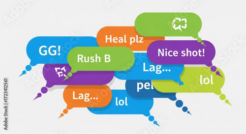 Colorful speech bubbles displaying common gaming phrases such as gg rush b heal plz lag and lol in a cluster