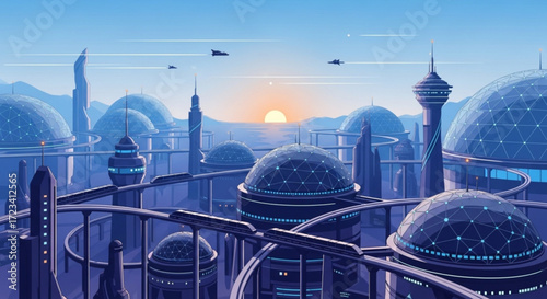 Illustration of a futuristic city with domes, skyscrapers, trains, and flying vehicles at sunset time