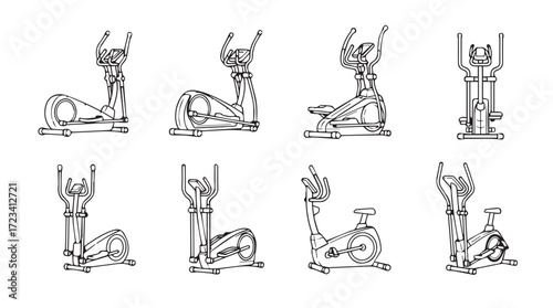 Set of eight exercise machine illustrations depicting fitness routines and healthy lifestyle activities silhouette