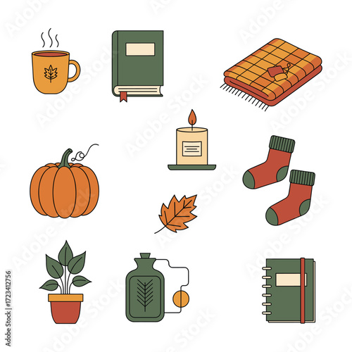 High-Quality Flat Vector Autumn Icons: Cozy Fall Elements, Warm Mood