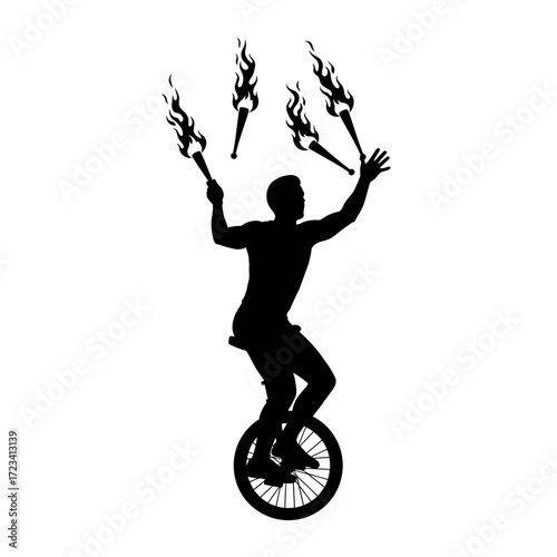 Silhouette of a man juggling flaming torches while riding a unicycle