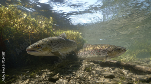 trout. Underwater scene of a trout swimming in a clear river, showcasing aquatic tranquility and wildlife. wildlife magazines, conservation campaigns, designed for nature documentaries and education.