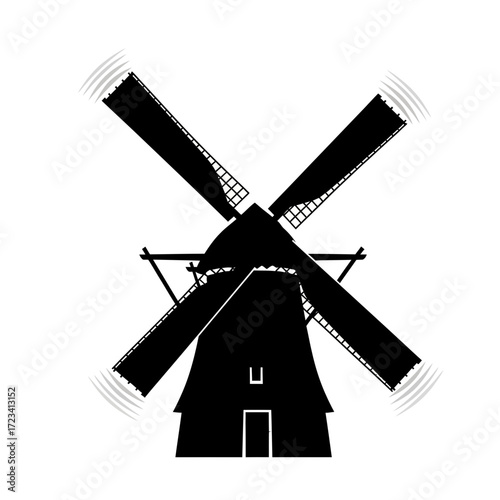 Black silhouette of a traditional dutch windmill with rotating sails