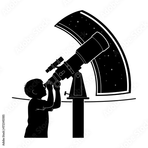 Child looking through telescope at starry night sky silhouette