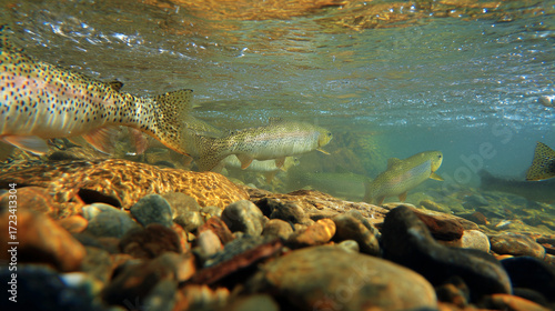 trout. Underwater scene of a trout swimming in a clear river, showcasing aquatic tranquility and wildlife. wildlife magazines, conservation campaigns, designed for nature documentaries and education.