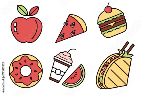 Food icon set featuring various sweets like ice cream, cake, and dessert, perfect for vector illustration and design
