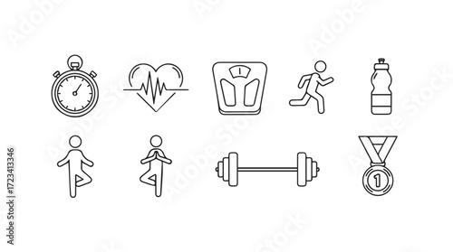 Collection of hand drawn fitness icons represents health wellness exercise and sports achievements silhouette