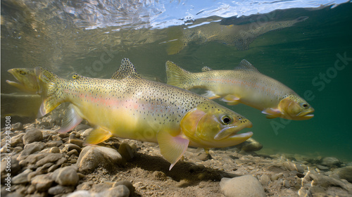 trout. Underwater scene of a trout swimming in a clear river, showcasing aquatic tranquility and wildlife. wildlife magazines, conservation campaigns, designed for nature documentaries and education.