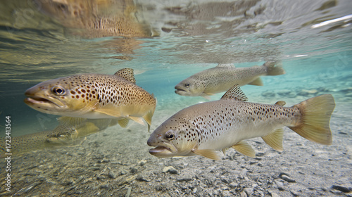 trout. Underwater scene of a trout swimming in a clear river, showcasing aquatic tranquility and wildlife. wildlife magazines, conservation campaigns, designed for nature documentaries and education.