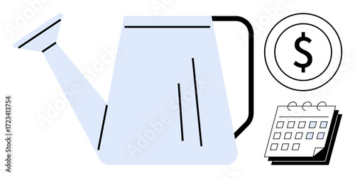 Watering can promotes growth alongside a calendar and a money icon. Ideal for investment, finance, business strategy, financial planning, growth management, saving, goal setting. Flat simple