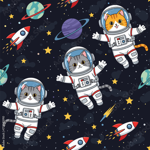 Cute cartoon astronaut cats explore space with rockets and planets Fun childlike adventure pattern