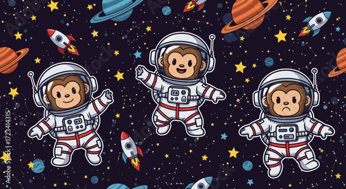 Cute monkey astronauts explore the vibrant starfilled cosmos a fun space adventure