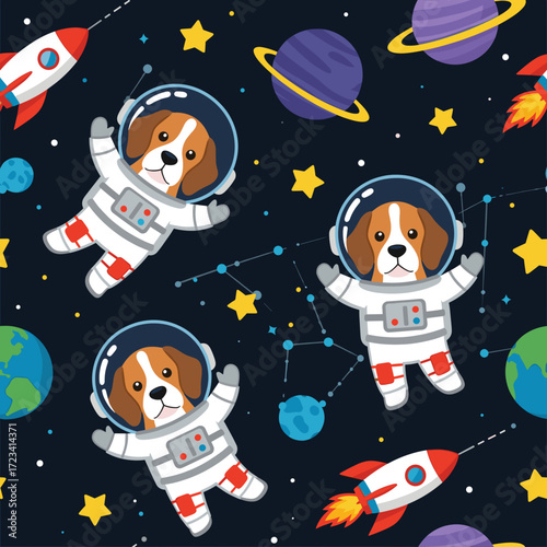 Adorable beagle dog astronauts explore a vibrant outer space with planets rockets and stars