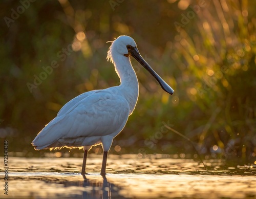 White bird wading in shallow water at golden hour