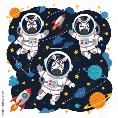 Three cute zebra astronauts explore outer space with planets rockets and stars Kids adventure