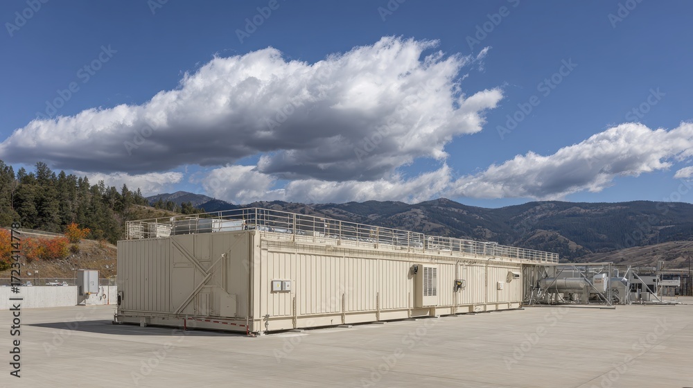 Fototapeta premium Industrial Container Unit with Mountain Background under Blue Sky