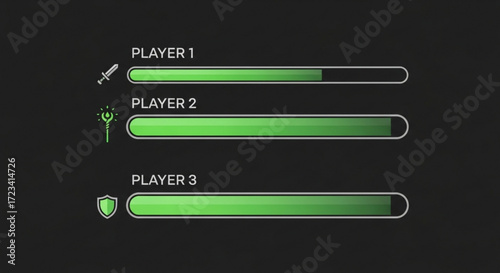Game interface showing player health bars with sword staff and shield icons on a dark gray background design