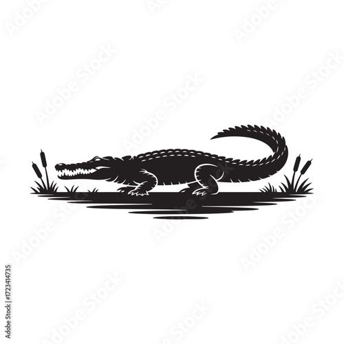 Black crocodile vector in reeds isolated on white background.