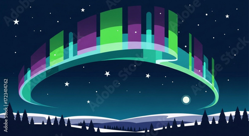 Illustration of aurora borealis over a snowy landscape with dark trees and starry night sky above scene