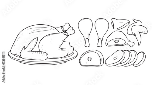 Whole roasted chicken and carved poultry pieces food outline on white surface silhouette