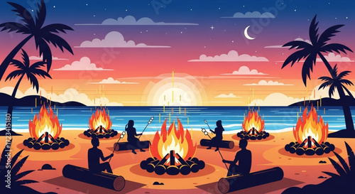People sitting around bonfires on a beach at sunset with palm trees and a crescent moon in the sky