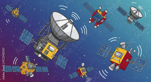 Illustration of multiple satellites with solar panels and antennas orbiting in a starry space background