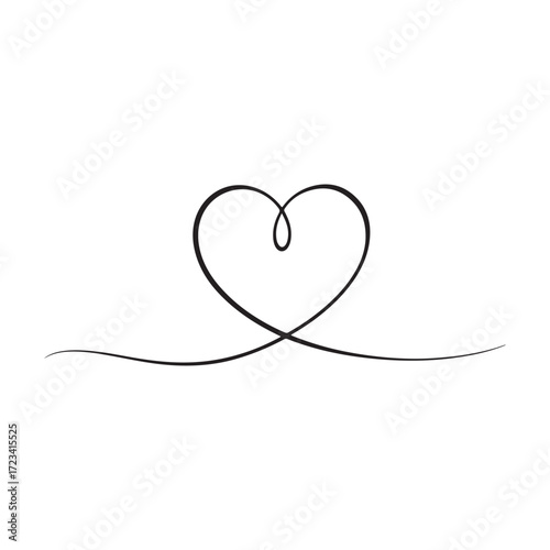 Simple continuous line drawing of a heart silhouette vector isolated on white background