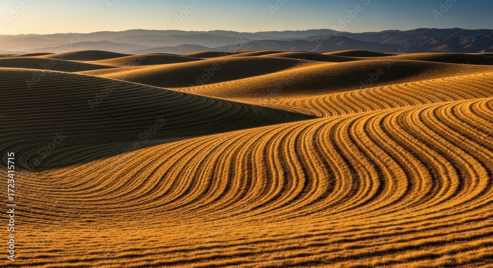 Naklejka premium Rolling golden hills bathed in warm sunlight casting long shadows
