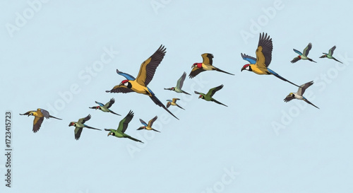 A flock of colorful parrots flying in formation against a clear blue sky during daylight hours scene