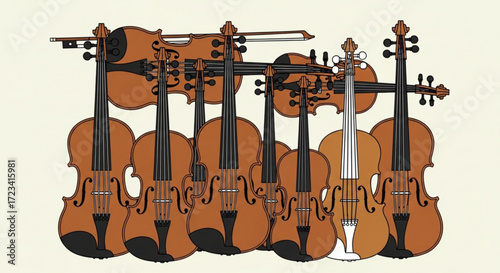 A collection of violins and a cello arranged together in a group forming a musical instrument ensemble