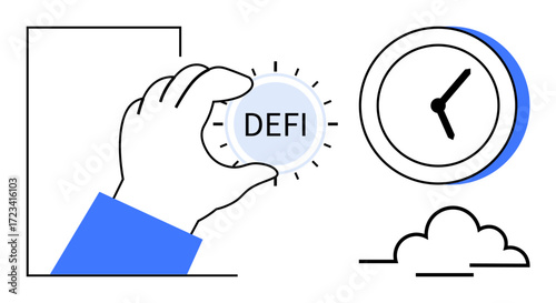 Hand grasping DeFi coin symbolizing finance, clock suggesting time management, and a cloud hinting at innovation. Ideal for fintech, blockchain, time, investment, cryptocurrency, digital economy
