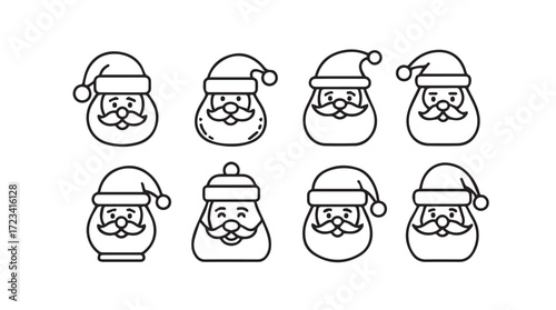 Collection of hand-drawn santa claus faces icons festive holiday christmas characters simple outline art silhouette