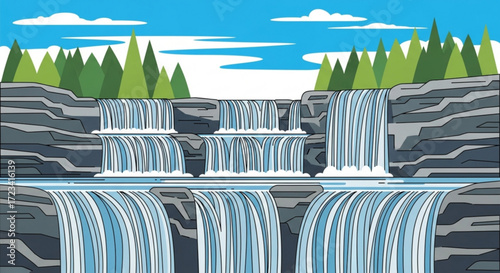 Illustration of a tiered waterfall cascading over rocky ledges with a forest and cloudy sky above
