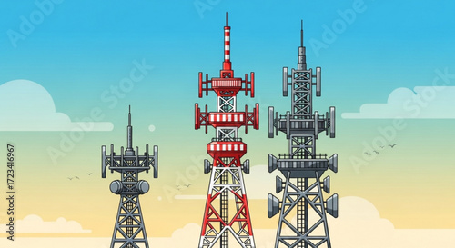 Illustration of three communication towers of varying designs against a blue sky with clouds and birds