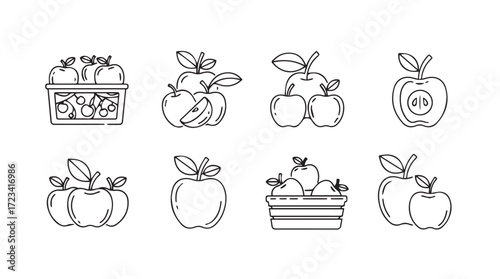 Set of eight hand drawn apple icons fresh fruit harvest produce collection clip art silhouette